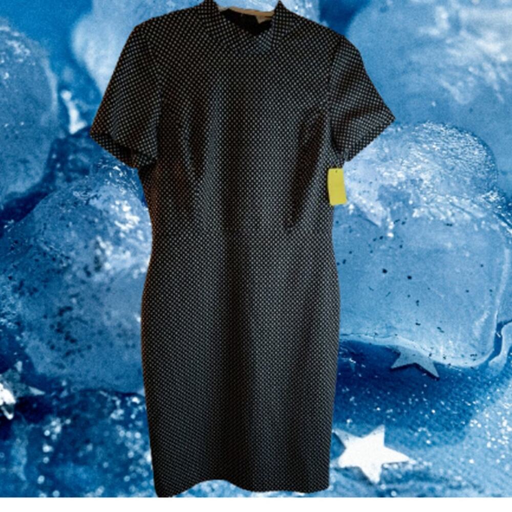 J. Crew 6 navy blue and white short sleeve lined polyester blend stretch dress